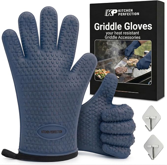 KITCHEN PERFECTION Silicone Oven & Griddle Gloves -Extreme Heat Resistant BBQ & Grilling Gloves -Handle Hot Food Right on Your Griddle |Waterproof Oven Mitts Grill Gloves |Superior Set+3 Bonuses