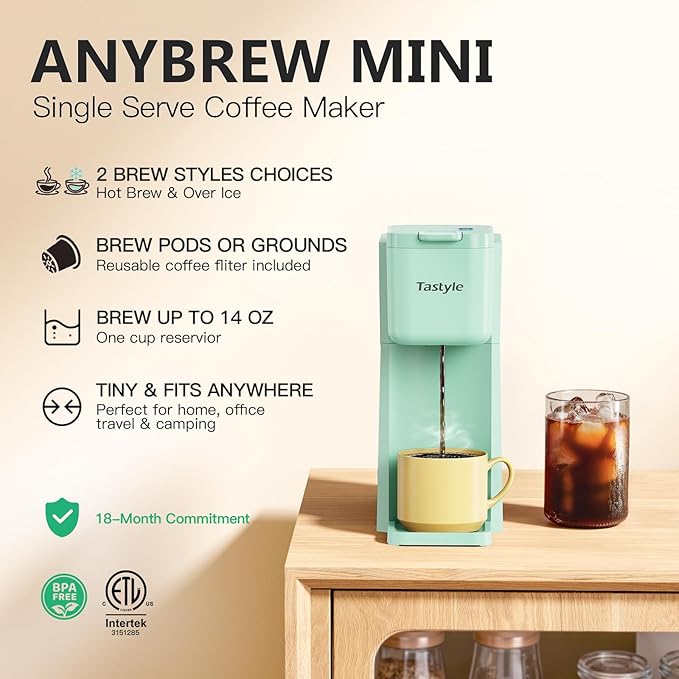 Tastyle Mini Hot and Iced Coffee Maker Single Serve, for K Cup and Ground, 6 to 14 Oz Brew Sizes, with Recipe Book, for Home, Travel, RV, Office and Dorm, Mint