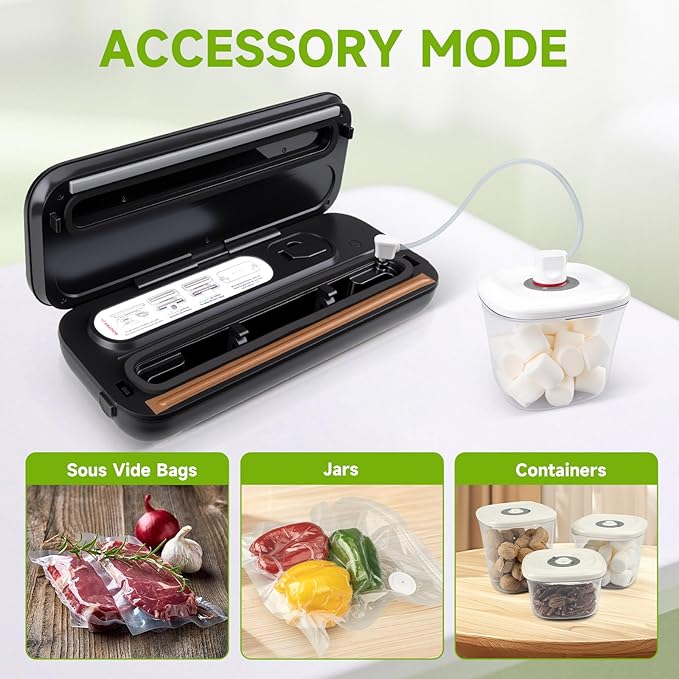 Food Sealer Vacuum Sealer-Tempered Glass Stainless Steel panel, LED Touch Control, Digital Display, Pulse/Moist/Dry/Seal/External Suction Modes, Includes 30 Vacuum Bags & Built-in Cutter (Black Gray)