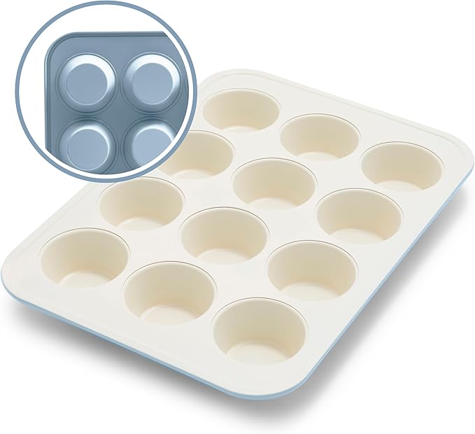 GreenLife 12-Cup Muffin Pan, PFAS-Free Healthy Nonstick Baking Tray, 11.4" x 1.9" x 15.9", Durable Ceramic Bakeware, Cupcakes, Egg Bites, Tarts, Brownies, Blue Haze