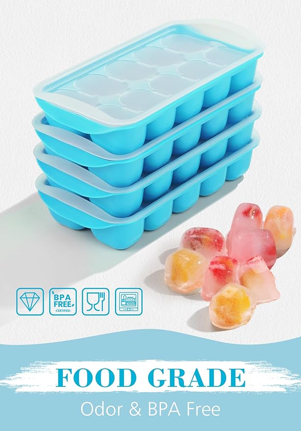 DOQAUS Ice Cube Tray with Lid and Bin - 4 Pack Ice Bucket Kits, Stackable Silicone Ice Trays for Freezer, Easy Pop Out, BPA Free for Cocktail, Coffee, Soup, Food, RV, Kitchen