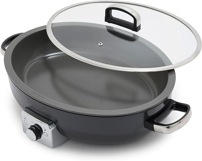 GreenPan Elite 5.5QT Electric Oval Skillet, PFAS-Free Ceramic Nonstick, 1800 Watt, Dishwasher Safe Lid & Removable Crock, Adjustable Temp Control, Multi-Cooker, Sear, Sauté, Rice, Stir-Fry, Black