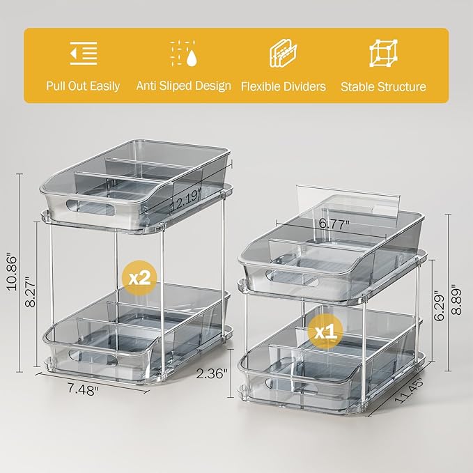 Delamu 2-Tier Under Sink Organizers and Storage, Multi-Purpose Stackable Bathroom Cabinet organizers, Pull Out Kitchen Pantry Organization and Storage with Dividers(3 Pack, Grey)