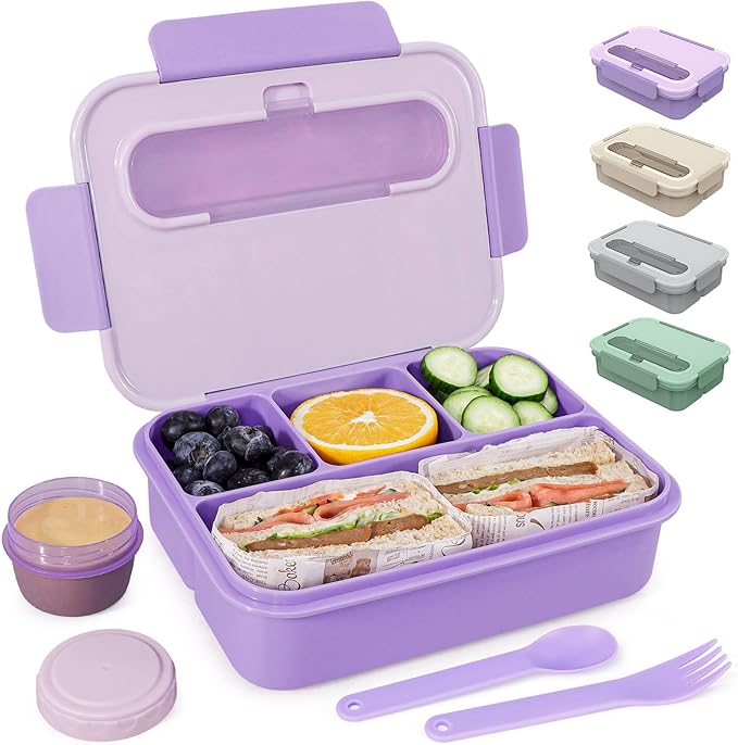 Caperci Bento Box Adult - 50 oz Large Lunch Containers for Adults and Teens, 4-Compartment Bento Lunch Box with Utensils & Leak Proof Sauce Cup, Dishwasher Safe, Durable, BPA-Free (Lavender)