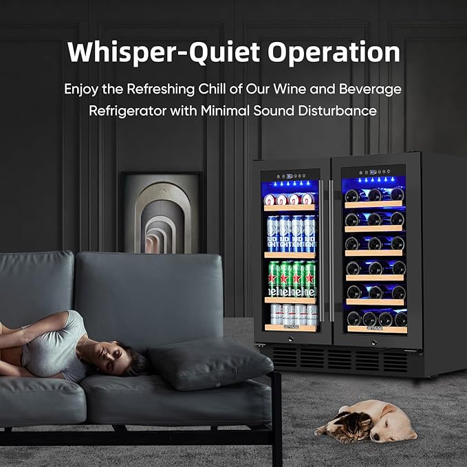 ORYMUSE 30 Inch Dual Zone Wine & Beverage Refrigerator, Built-In or Freestanding Wine Fridge with Seamless Black Stainless Steel Door, Glass Door, Digital Touch Control, Holds 30 Bottles & 110 Cans