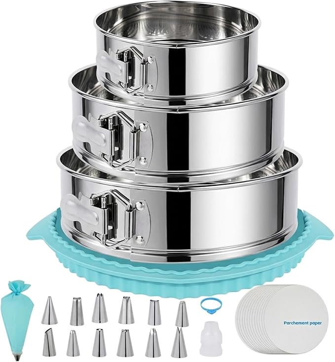 Aufind Springform Pan Set for Baking (7,9,10inches), 304 Stainless Steel Springform Cake Pan with Removable Bottom, Cheesecake Pan with 50PCS Parchment Paper for Pie Cake Pizza and Quiches