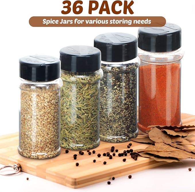 Jadive 36 Pcs 5.5 oz Plastic Spice Jars with Shaker Lids Clear Spice Bottles Plastic Seasoning Containers Empty Shaker for Kitchen Storing Herbs Seasoning Powders Pepper Dry Goods (Black)