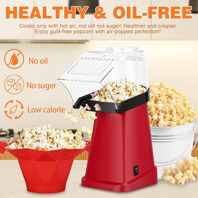 Hot Air Popcorn Popper Maker with Popcorn Bowl, Fast Popcorn Machine in Minutes with Measuring Cup and Butter Melting Tray for Party Kids,1200W