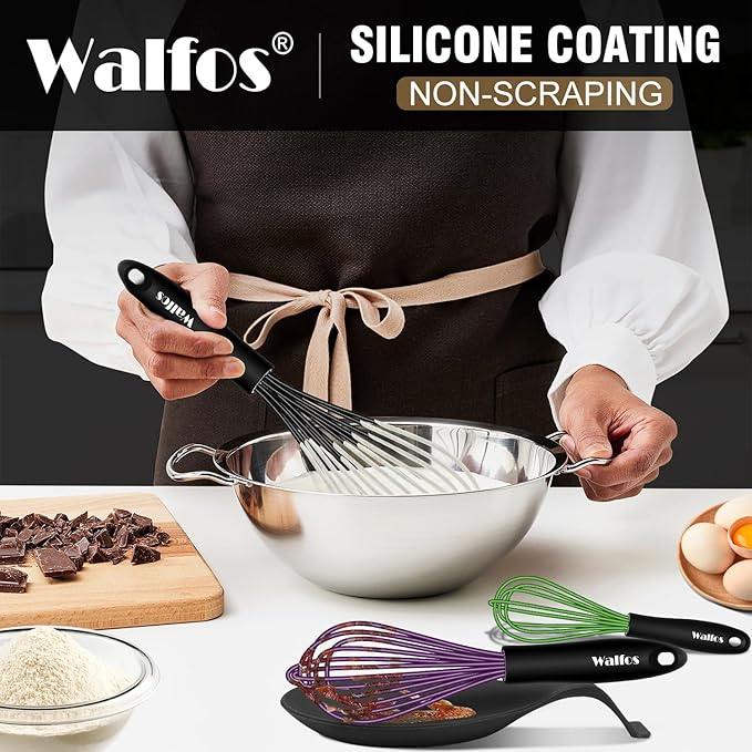 Walfos Silicone Whisk With 8in Rest,Whisks for Cooking Non Scratch,7.5+9+11in Whisk for Nonstick Cookware,Dishwasher Safe,Rest for Kitchen Counter Wisk Perfect for Blending, Baking, Beating, Set of 4