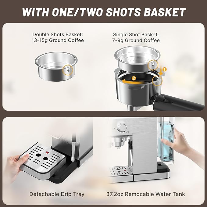 20 Bar Espresso Machine, Semi-Automatic Espresso Machine with Milk Frother, Compact Espresso Coffee Maker For Café-Quality Lattes and Cappuccinos at Home & Office