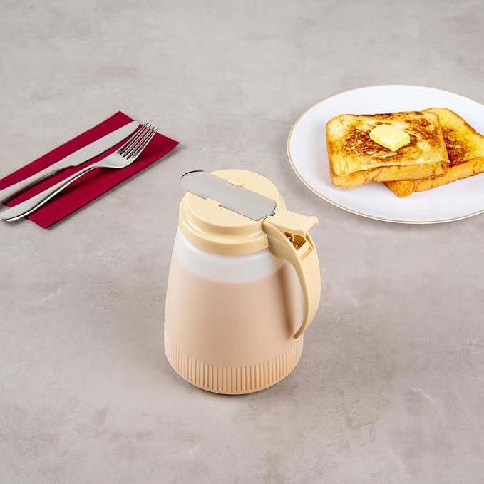 Restaurantware-Chef 101 48 Ounce All Purpose Syrup Dispenser, 1 Honey Dispenser - Beige Top, Stainless Steel Slide Cover, Plastic Pancake Syrup Bottle, Perfect For Diners, Restaurants, Home