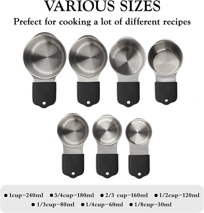 Magnetic Measuring Cups and Spoons Set of 16,Stainless Steel Magnetic Measuring Cups Set 7 and Magnetic Measuring Spoons Set of 8 with Leveler for Dry Liquid Ingredients (7, Black)