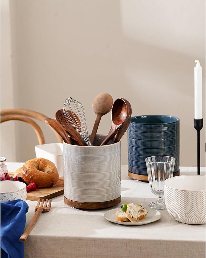 Utensil Holder, 360° Rotating Extra Large Ceramic Kitchen Utensil Holder for Countertop, 7.3“ Cooking Utensil Crocks for Kitchen Counter with Rotatable Wooden Base, Farmhouse Decor, Dusty Blue