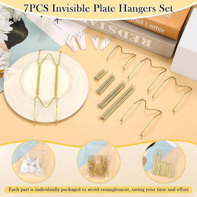 7 Pack Plate Hangers for Wall Display, 6/8/10/12 Inch Invisible Stainless Steel Plate Holders with Wall Hooks, Fit 5.5–12.5 Inch Decorative Plates, Plate Display Hangers for Home Wall Decor, Gold