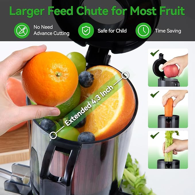 Juicer Machines, Cold Press Juicer with 4.3" Large Feed Chute Fit Whole Fruit and Vegetable, Masticating Machine with Juice Recipe, Self Feeding Effortless for Batch Juicing,Easy to Clean,Black