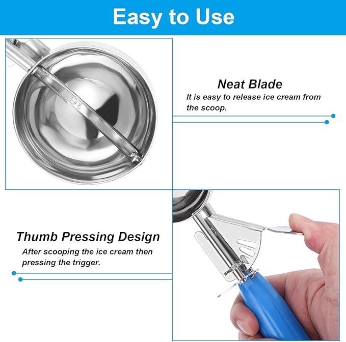 PATIKIL 2 Ounce Ice Cream Scoop with Trigger, Stainless Steel Portion Cookie Scoop with Thumb Trigger for Cookie Dough Cupcake Batter Baking, Blue 60ML