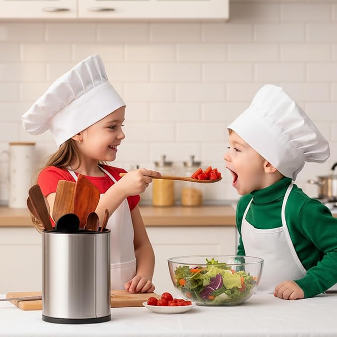 2 Pcs Kitchen Utensil Holder Set, 360° Rotating Stainless Steel Large Cooking Utensil Holder for Kitchen Counter with Removable Base, 3 Compartment Flatware Caddy for Knife Spoon Fork Spatula Tools