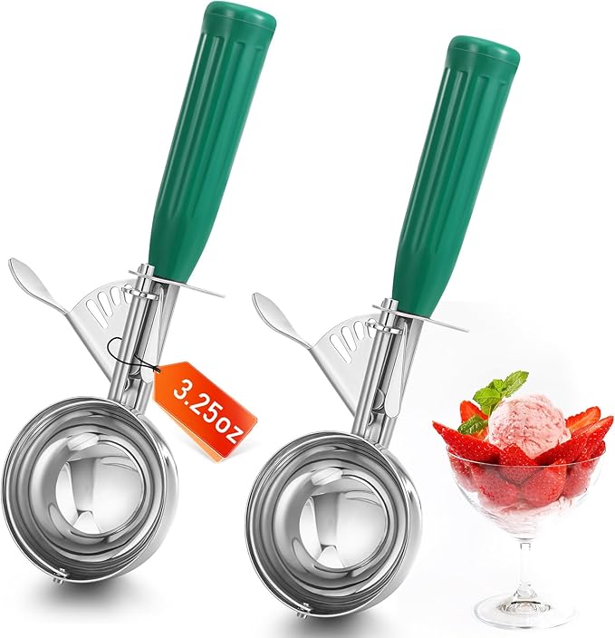 Reallnaive 2 Pcs Release Cookie Scoops Ice Cream Scooper with Trigger Release Portion Scoop Stainless Steel for Portion Control, Baking Food, Cookie Dough (3.25 oz,Green)