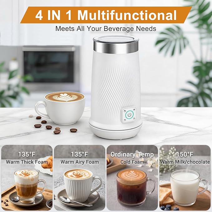 Wowteam Milk Frother, 4-in-1 Electric Milk Steamer, Warm and Cold Milk Warmer and Foam Maker for Coffee, Latte, Cappuccinos, Macchiato, 8.2oz/240ml, Stainless Steel, White