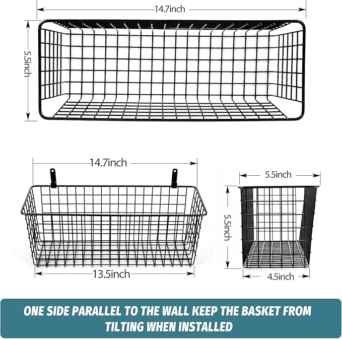 4 Set [EXTRA LARGE] Hanging Wall Mount Storage Baskets with Adhesive Hooks & Steel Hooks, Multiuse Sturdy Wire Metal Organizing Baskets for Home Kitchen Bathroom Pantry Utility Organizer, Black