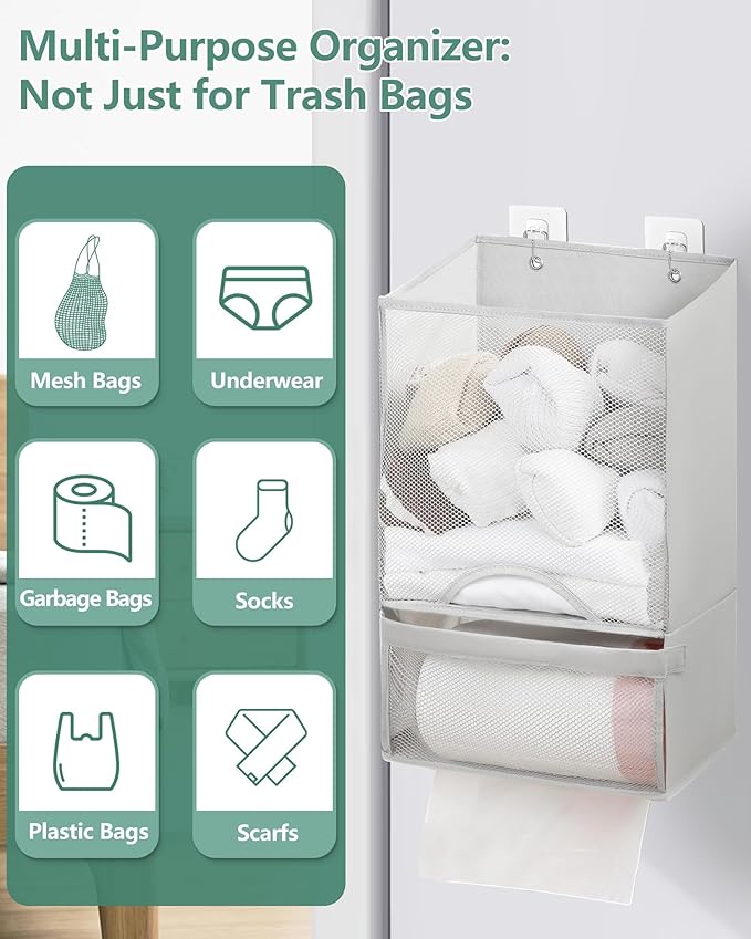 Bag Saver - Extra Large 2 in 1 Plastic Bag Holder Storage, Durable Mesh Grocery Hanging Trash Dispenser Roll Organizer for Home Kitchen/Bathroom/Laundry, Multi-purpose for Daily (Light Grey)