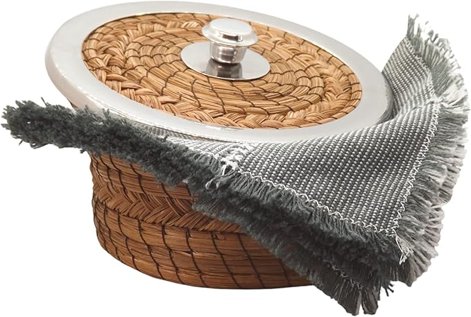 Authentic Mexican Tortilla Warmer Basket - Pine Needle Handwoven with Handloomed Cloth (8" metal Rim w cloth)
