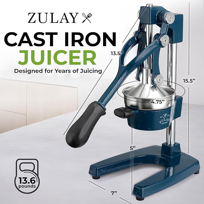 Zulay Kitchen Cast Iron Juicer - Heavy Duty Manual Juicer with Detachable Strainers for Easy Cleaning, Orange Juice Press for Citrus Fruits, Perfect for Bartenders, Juice Lovers & Health Enthusiasts
