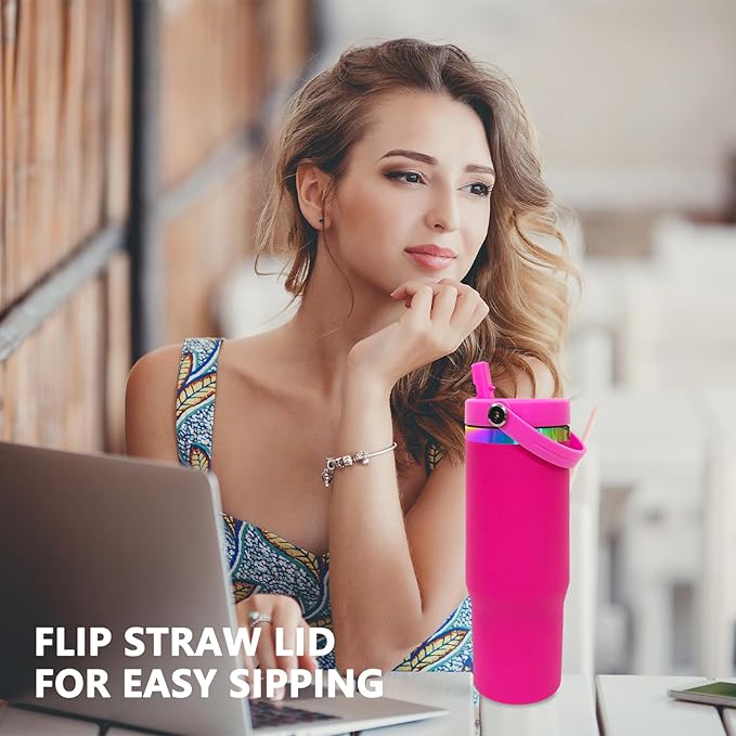 30 oz Tumbler with Handle and Straw, Vacuum Insulated Tumblers with Flip Straw and Top Handle, Leakproof Powder Coated Tumbler, Stainless Steel Travel Mug for Coffee Water (Rosy)