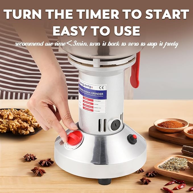 Moongiantgo 500g Grain Grinder Mill Electric Spice Grinder 2500W High-speed Grinding Machine 50-300 Mesh Stainless Steel 110V Pulverizer Dry Grinder (Timer Switch)