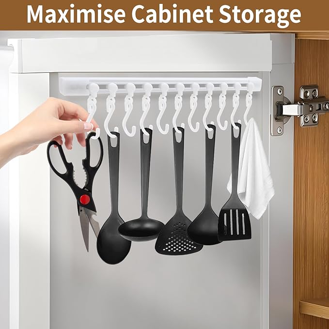 Kitchen Utensil Hanging Rrack - Hooks for Kitchen Utensils, No Drilling Wall Mounted Utensil Holder, Kitchen Rail Rack with 10 Hooks Hanger for Kitchen Bathroom (Pack of 2)