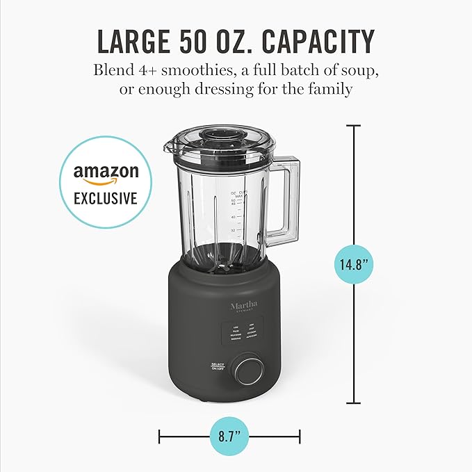 Martha Stewart 50oz Countertop Blender, Smoothie, Margarita & Ice Crushing Blender, BPA-Free Pitcher, 3 Speeds, 5 Presets, Auto-Clean Function, Dishwasher Safe, Stainless Steel Blades, Caviar Gray