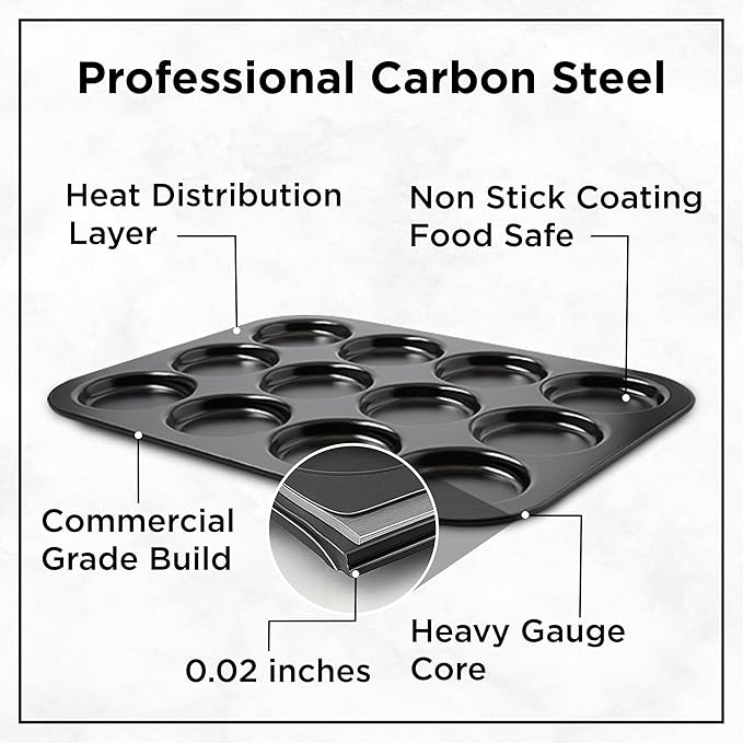 Wrenbury Nonstick Whoopie Pie Pan 12-Cup - Carbon Steel Shallow Baking Tray for Muffin Tops Macarons Cookies Yorkshire Puddings Cornbread & Burger Buns