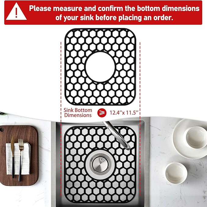 Bestjing 2 Pack Silicone Sink Protectors for Kitchen Sink - 12" x 11" Kitchen Grid Accessory, Non-Slip Heat-Resistant Mat for Bottom of Porcelain Stainless Steel, Dishwasher Safe (Black)