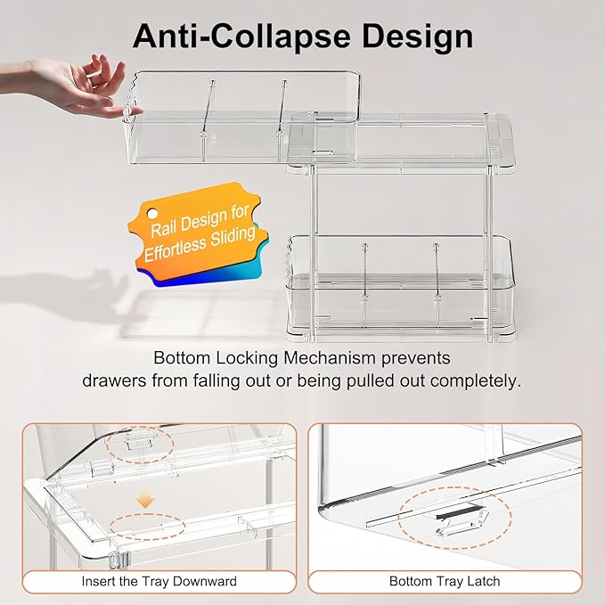 Delamu 2 Tier Snap-Lock Bathroom Under Sink Organizers and Storage, Multi-Purpose Cabinet Drawers with Movable Dividers, Pull Out Organization for Countertop, Kitchen and Pantry(Clear, 4 Pack)