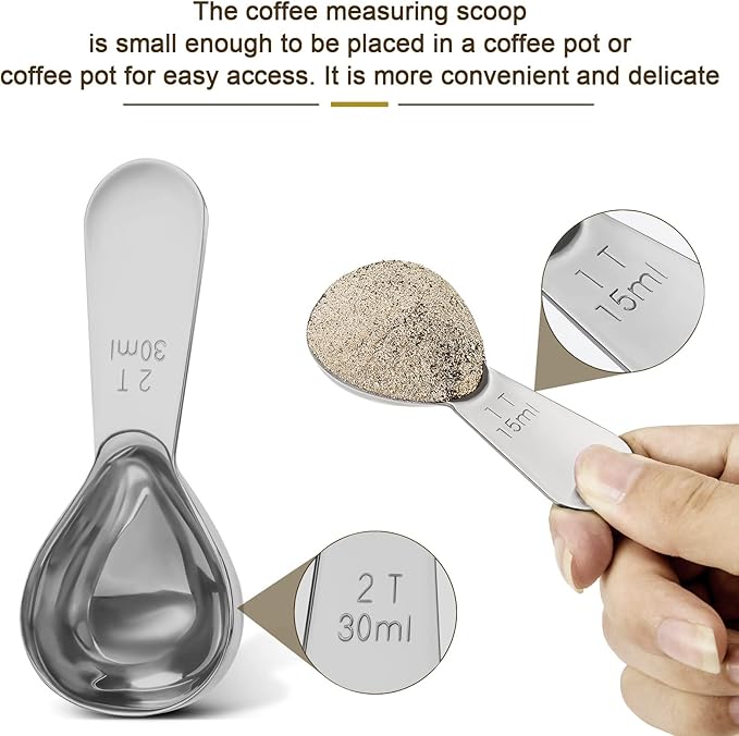 Safring Stainless steel coffee scoop 2-piece set (1 tbsp, 2 tbsp) durable Tablespoon, ergonomic measuring spoon, Suitable for small and large jars，short-handled spoon (Silver)