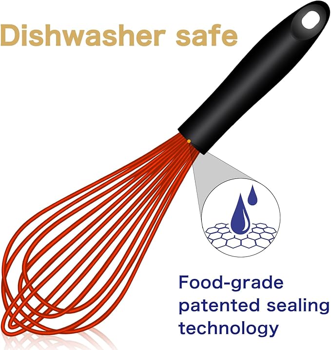 Red Silicone Whisk, Sealed Waterproof Design Set of 3, Professional Kitchen Whisks for Cooking Non-Scratch, Silicone & Stainless Steel Whisk, Heat Resistant 480°F Balloon Egg Beater