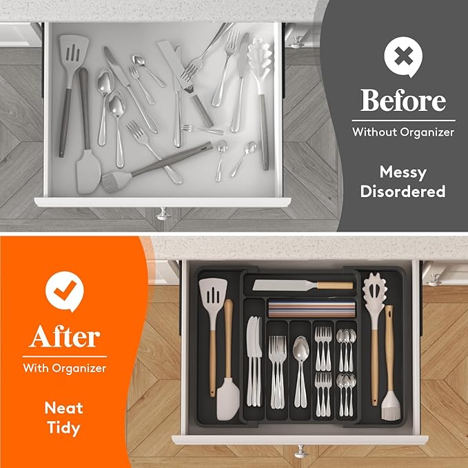 Lifewit Utensil Organizer for Kitchen Drawer, Expandable Cooking Silverware Tray, Adjustable Cutlery Flatware Holder, Plastic Spatula Tools Storage Divider, 11.8-19.6 x 15", Black