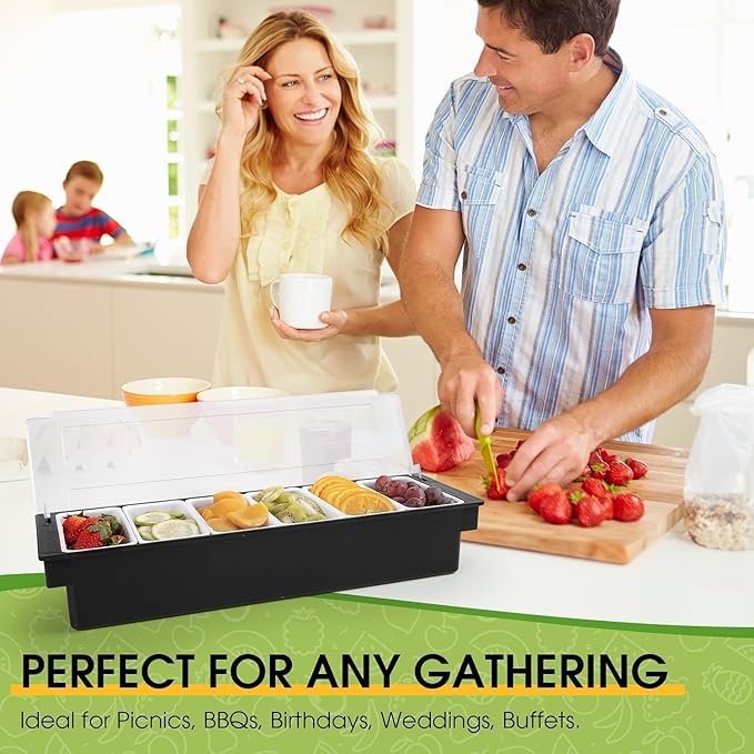 Ice Cooled Condiment Serving Container Fruit Veggie Condiment Caddy Plastic Garnish Station with Lid for Fruit,Ice Cream,Salad Bar-Topping Organizer for Restaurant Supplies (6 Compartments)