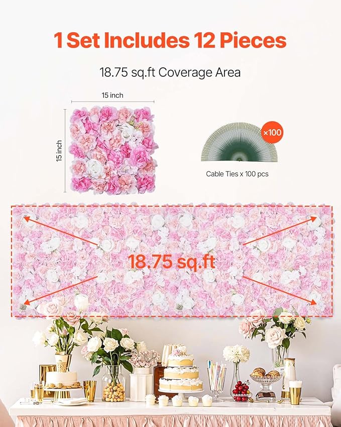 VEVOR 3D Flower Wall Panel, Artificial Floral Wall Background Mesh Backing Mat,Seamless Design&Easy Installation for Wedding Valentines Day Home Baby Party Backdrop Decor,Pink