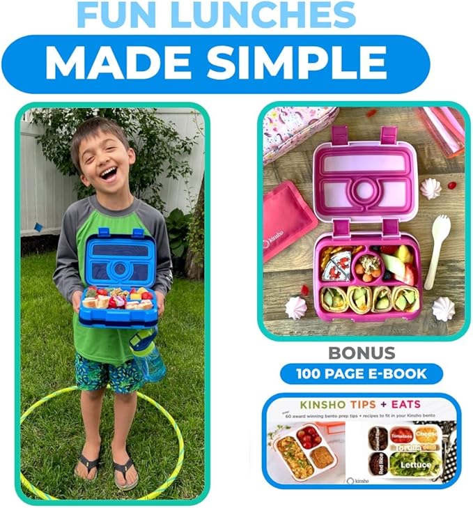 Bento Box Lunch Boxes for Kids Boys Girls, Snack Containers for Toddler Daycare, Pre-School Lunches, 4 Divided Compartments, Pink Unicorn + Blue Space Dinosaur 2 pack