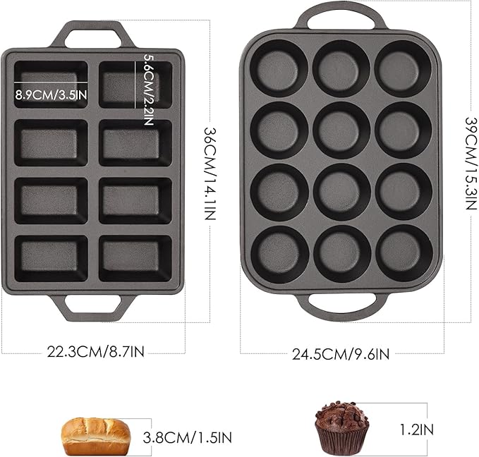 Flavehc Cast Iron Muffin Pans 12 Cup and Cast Iron Mini Loaf Pans 8 Cavity Regular Size Cupcake Pan Pre-Seasoned Loaf Pans Molds for Baking
