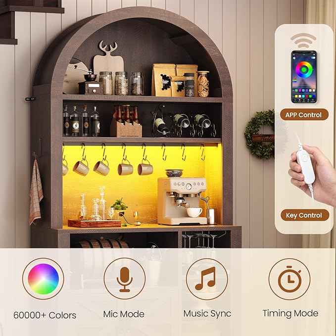Itaar 73" Tall Arched Bakers Rack with Power Outlet and LED Light, Farmhouse Coffee Bar Cabinet, Kitchen Microwave Stand with Storage for Kitchen, Dining Room, Living Room, Brown