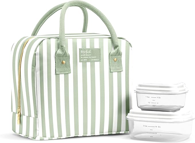 Fit & Fresh Bloomington Lunch Bag for Women - Insulated Large Lunch Box for Work with Containers, Leak-Resistant, Stain-Resistant, Zipper Closure, Thick Stripe Sage
