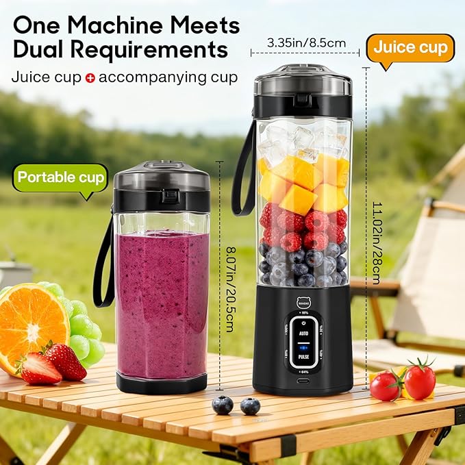 MIAOKE 2026 Upgrade 700 ML Portable Smoothie Blender, Rechargeable Personal Blende, Contains both Automatic and Pulse Functions, with Travel Cup and Lid, 6 Sharp Blades, Mixer Blender Machine Black