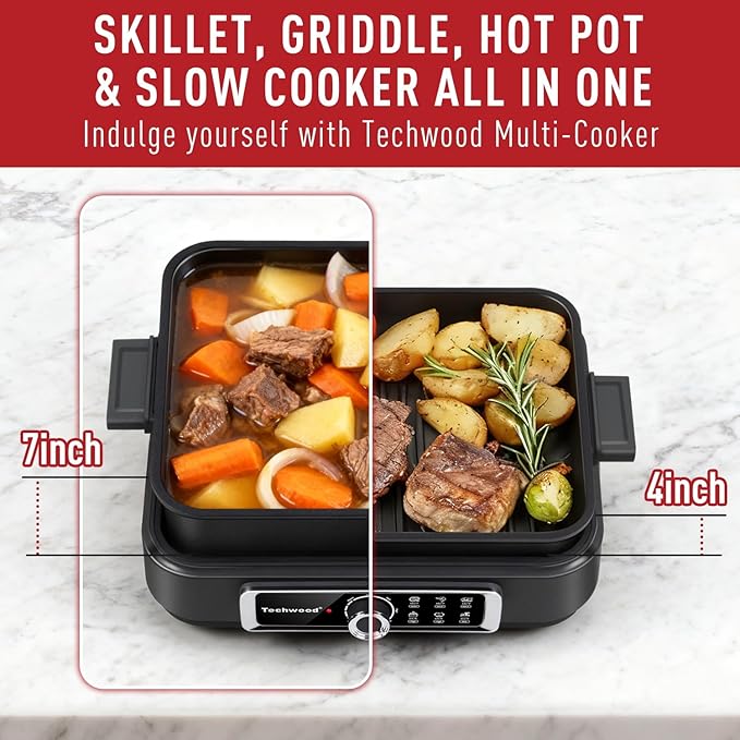 Indoor Grill, Techwood Electric Indoor Grill Griddle 7.5-Quart 1500W Versatile Multi-Cooker with 5-Level Heat Settings, Come with Removable Non-stick Grill Pan& Cooking Pot, Dishwasher Safe