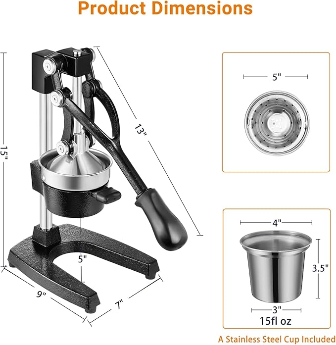 TONGCHANT Cast Iron Juicer, Heavy Duty Manual Citrus Press | Hand Press Juicer for Orange Lemon Pomegranate, High Leverage for Easy Juicing, Stainless Steel Cup, Black
