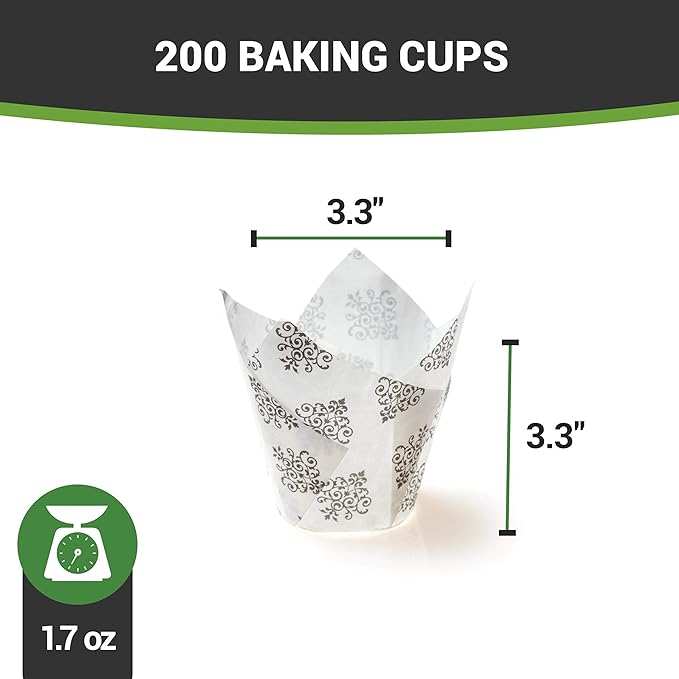 Restaurantware Panificio 1.7 Ounce Baking Cups 200 Tulip Cupcake Liners - Oven-Ready Freezable Black And White Paper Muffin Cases Disposable Vintage Floral For Wedding Parties Baby Showers