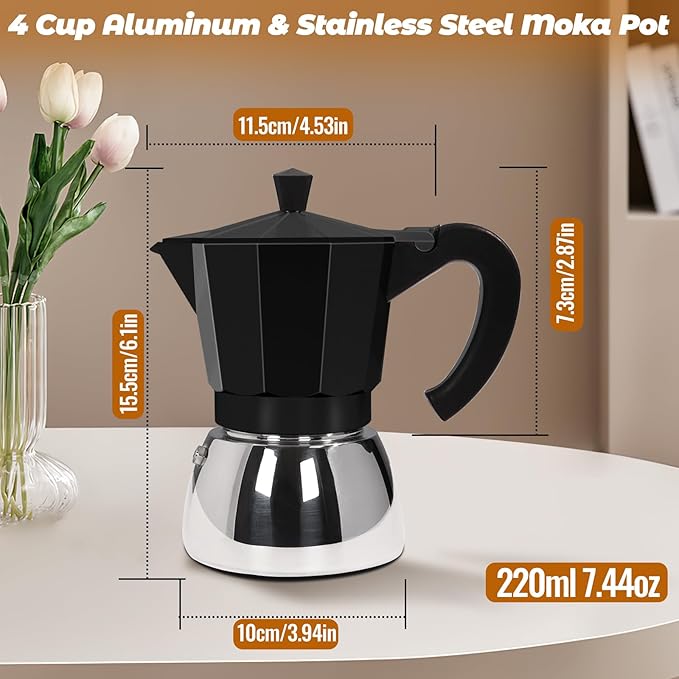 No Coating 4 Cup Aluminum and Stainless Steel Moka Pot Stovetop Espresso Maker Italian Coffee Machine 220ml 7.44oz Suitable for Gas Induction Stovetop Greca Coffee Maker Percolator Black