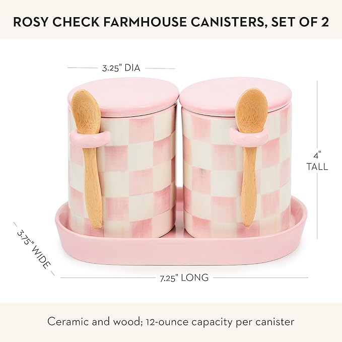 MACKENZIE-CHILDS Set of 2 Ceramic Farmhouse Canisters, Kitchen Storage Containers with Lids, Pink-and-White Rosy Check