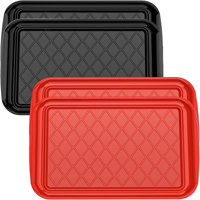 Serving Trays for Party - Set of 4, Large Serving Platters for Raw and Cooked Food, Dishwasher Safe, 17×10.5-inch Stackable Plastic Party Supplies for Grilling, BBQ, Meal Prep (Red, Black)